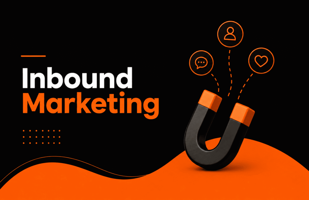 Banner minimalista de Inbound Marketing com fundo preto, detalhes em laranja e ímã simbolizando atração de clientes.