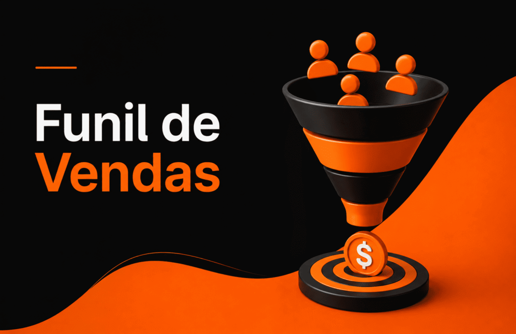Banner minimalista em preto e laranja ilustrando um funil de vendas com ícones de pessoas convergindo para uma meta de conversão.