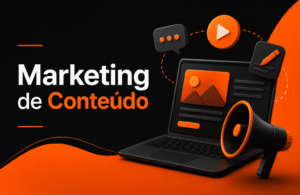 Banner minimalista em preto e laranja ilustrando marketing de conteúdo com elementos digitais, publicação online e comunicação estratégica.