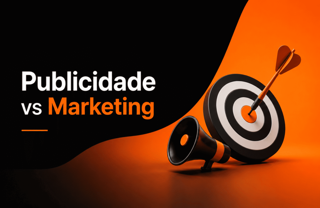 Banner com fundo preto e laranja mostrando um alvo com dardo e megafone ao lado da frase “Publicidade vs Marketing”.